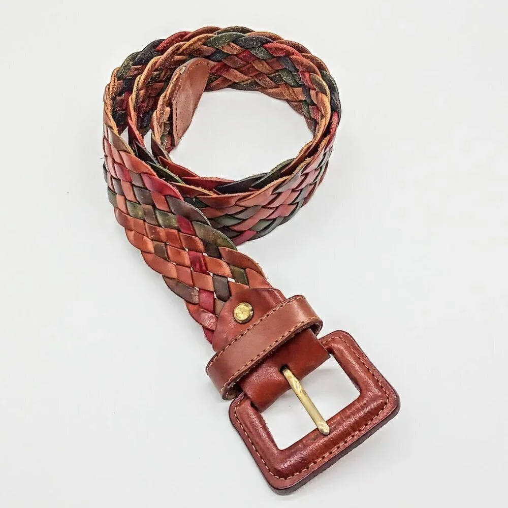 Red Green Brown Braided Leather Belt
